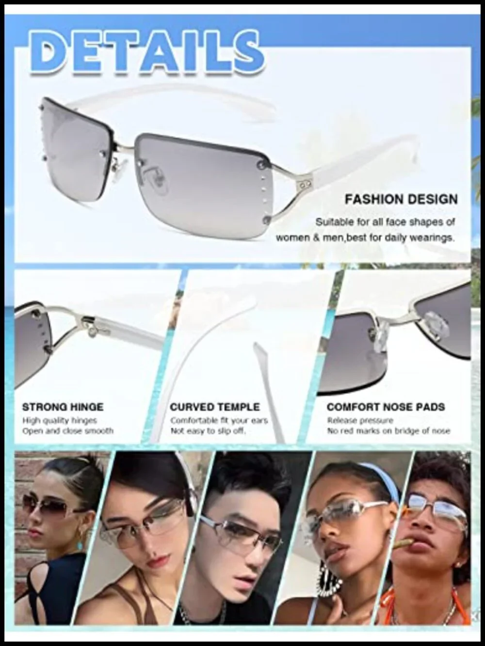 Rimless Rectangle Sunglasses UV400 Protection Metal Frame Men Women Y2K Trendy